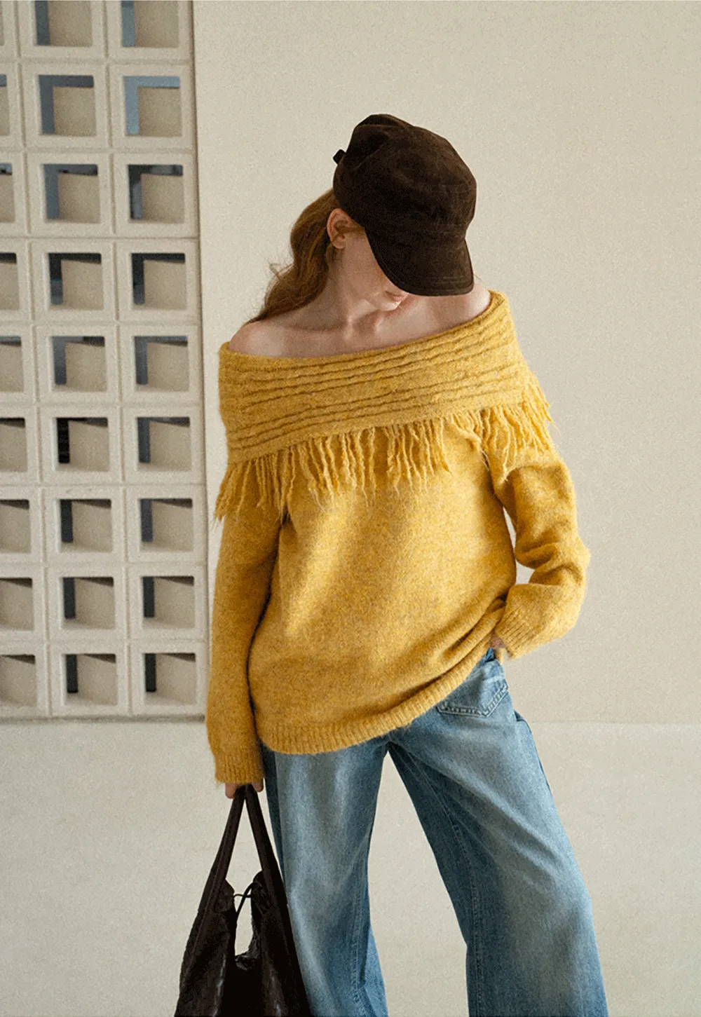 Off Shoulder Fringe Knit Sweater