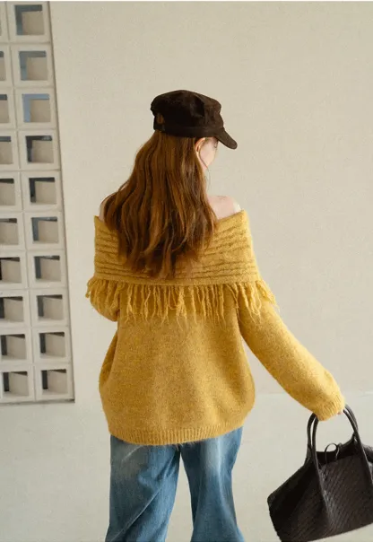 Off Shoulder Fringe Knit Sweater