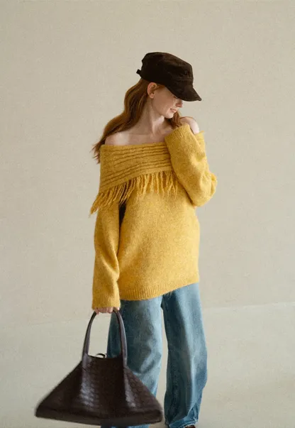 Off Shoulder Fringe Knit Sweater