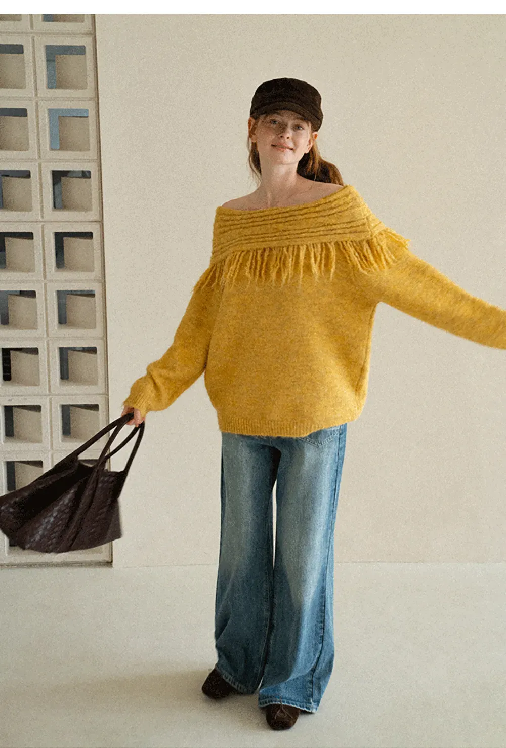 Off Shoulder Fringe Knit Sweater