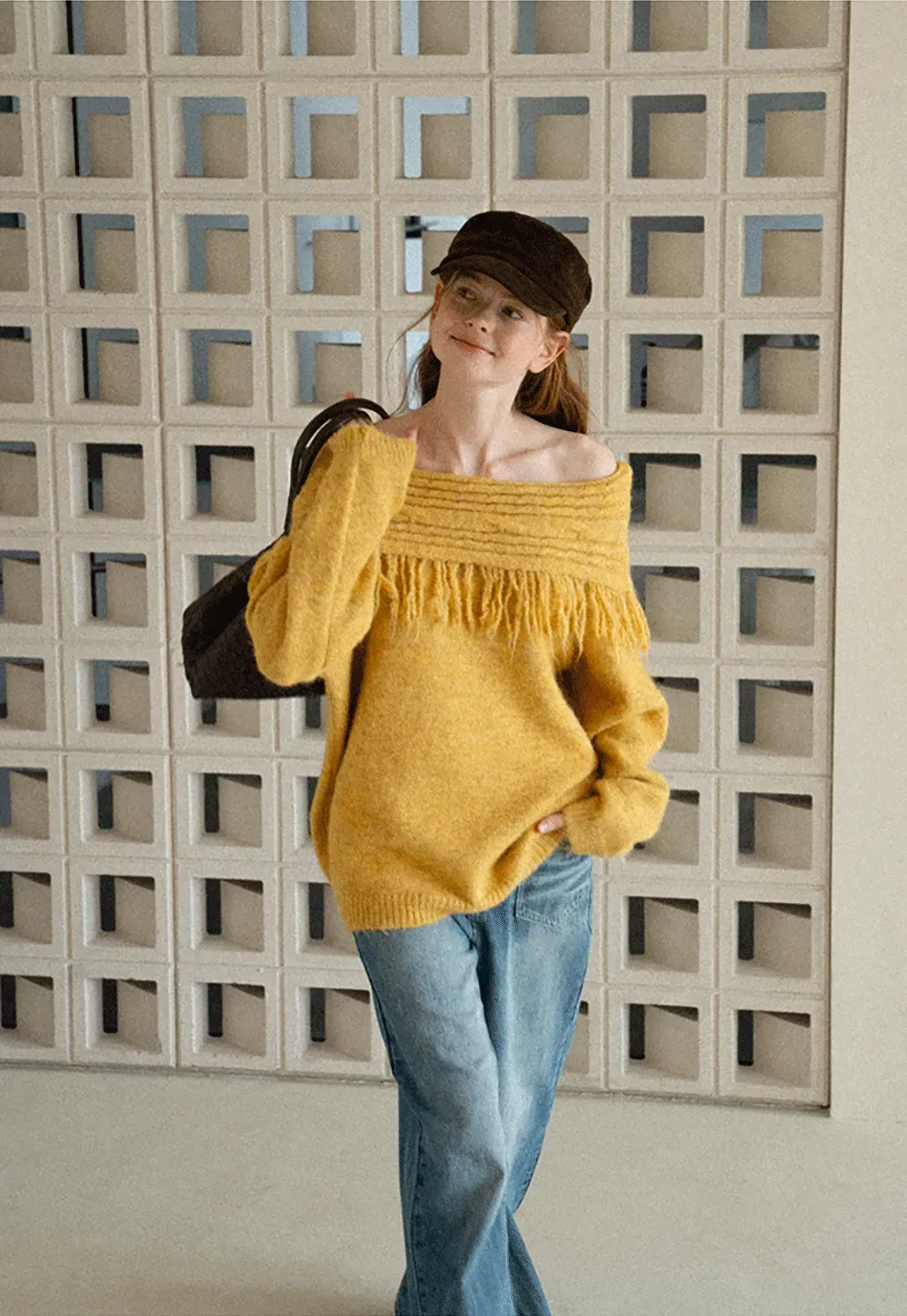 Off Shoulder Fringe Knit Sweater