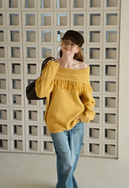 Off Shoulder Fringe Knit Sweater
