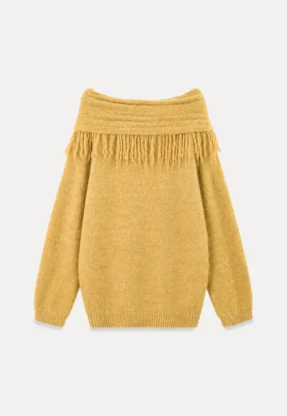 Off Shoulder Fringe Knit Sweater