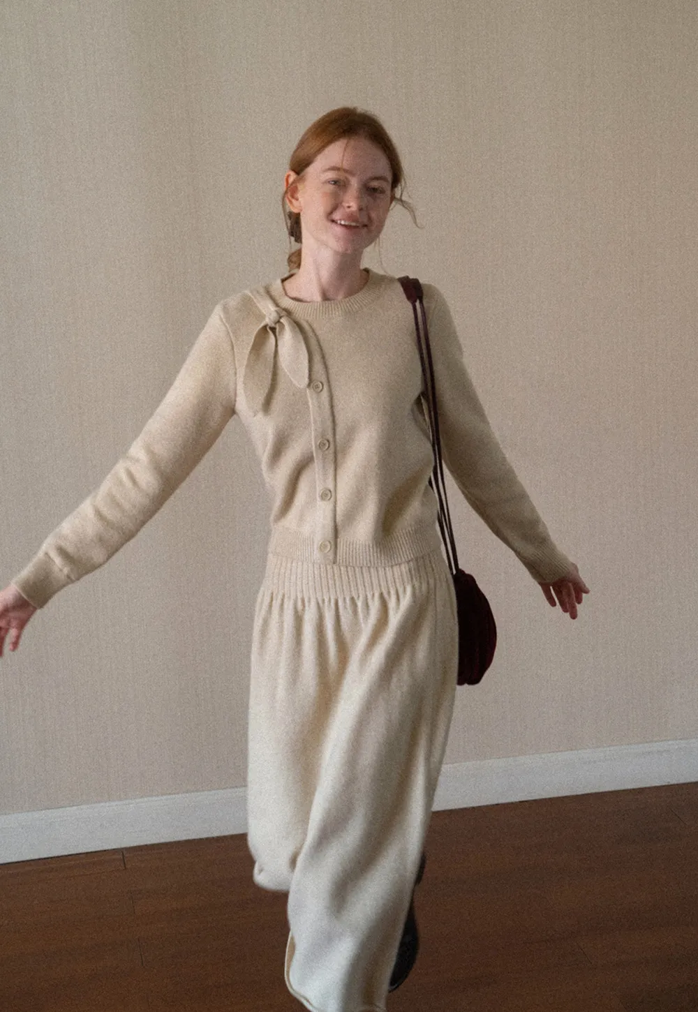 Bow Detail Ribbed Knit Cardigan and Matching Skirt
