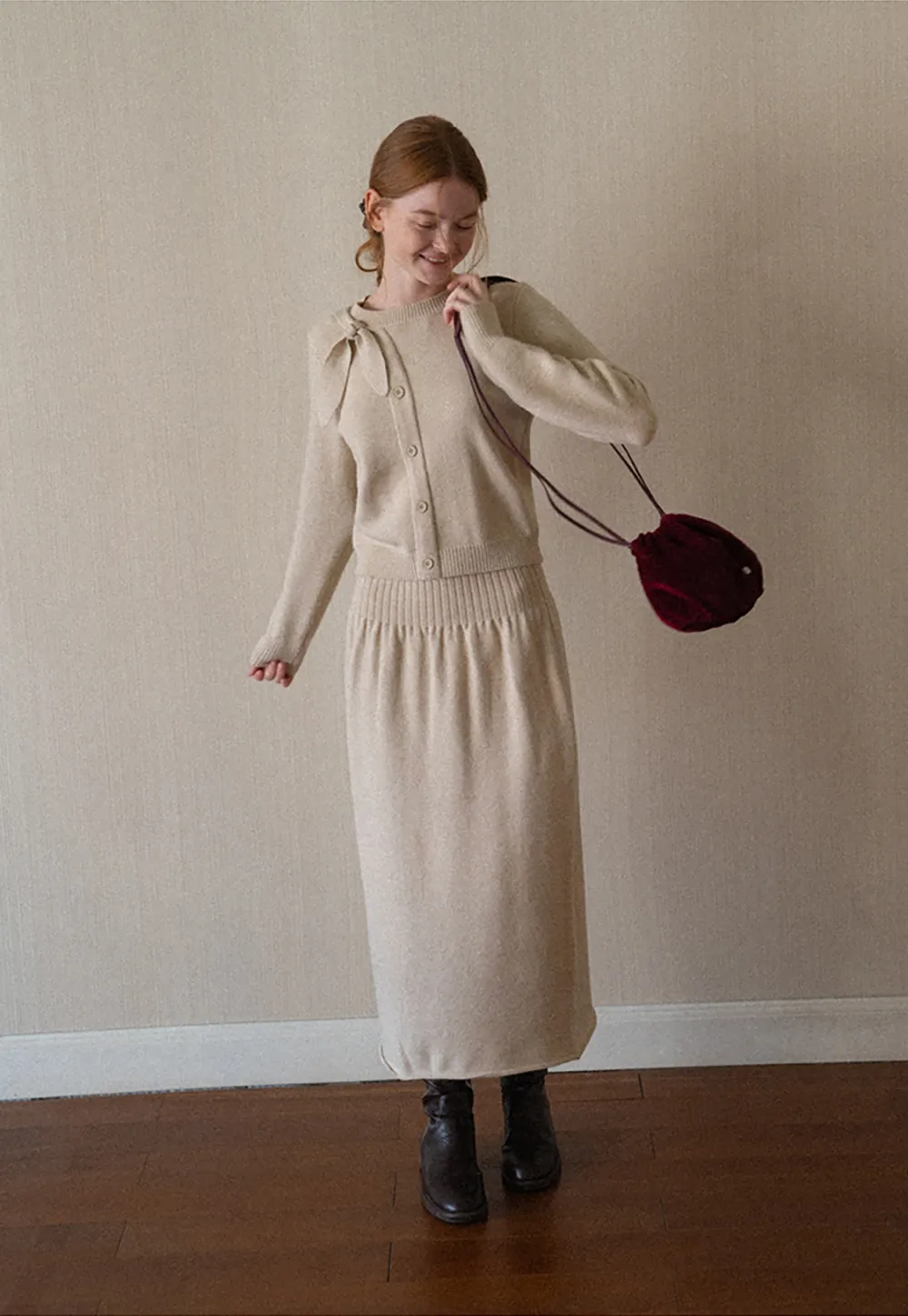 Bow Detail Ribbed Knit Cardigan and Matching Skirt