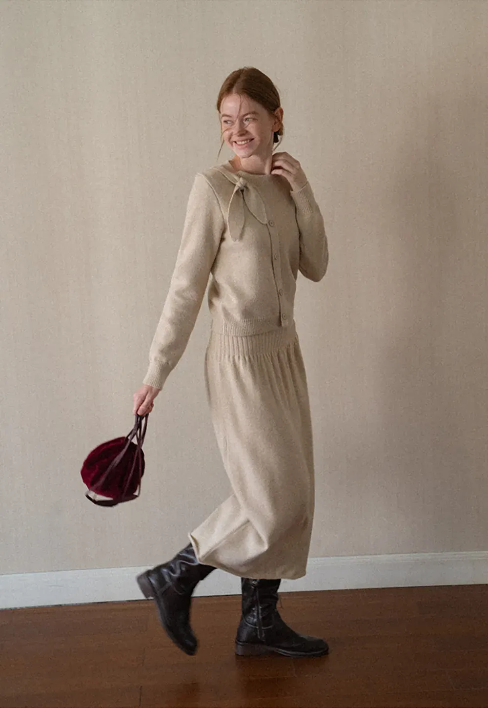 Bow Detail Ribbed Knit Cardigan and Matching Skirt