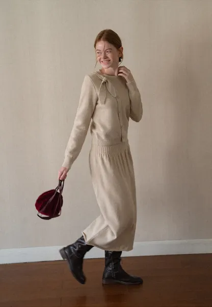 Bow Detail Ribbed Knit Cardigan and Matching Skirt