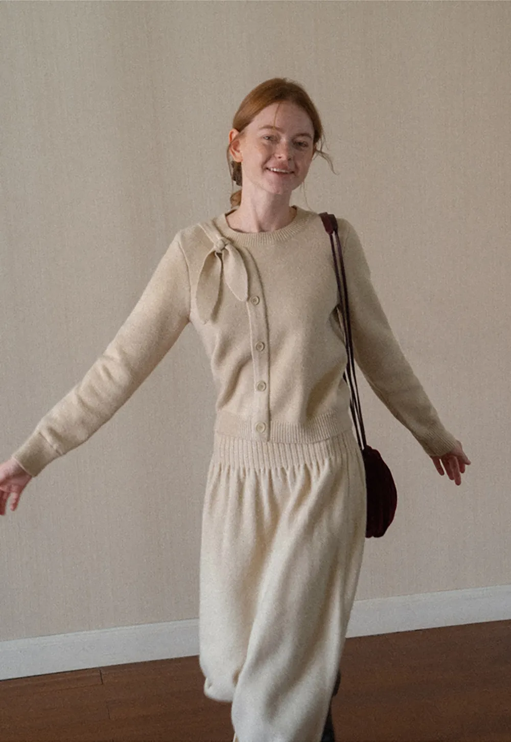 Bow Detail Ribbed Knit Cardigan and Matching Skirt