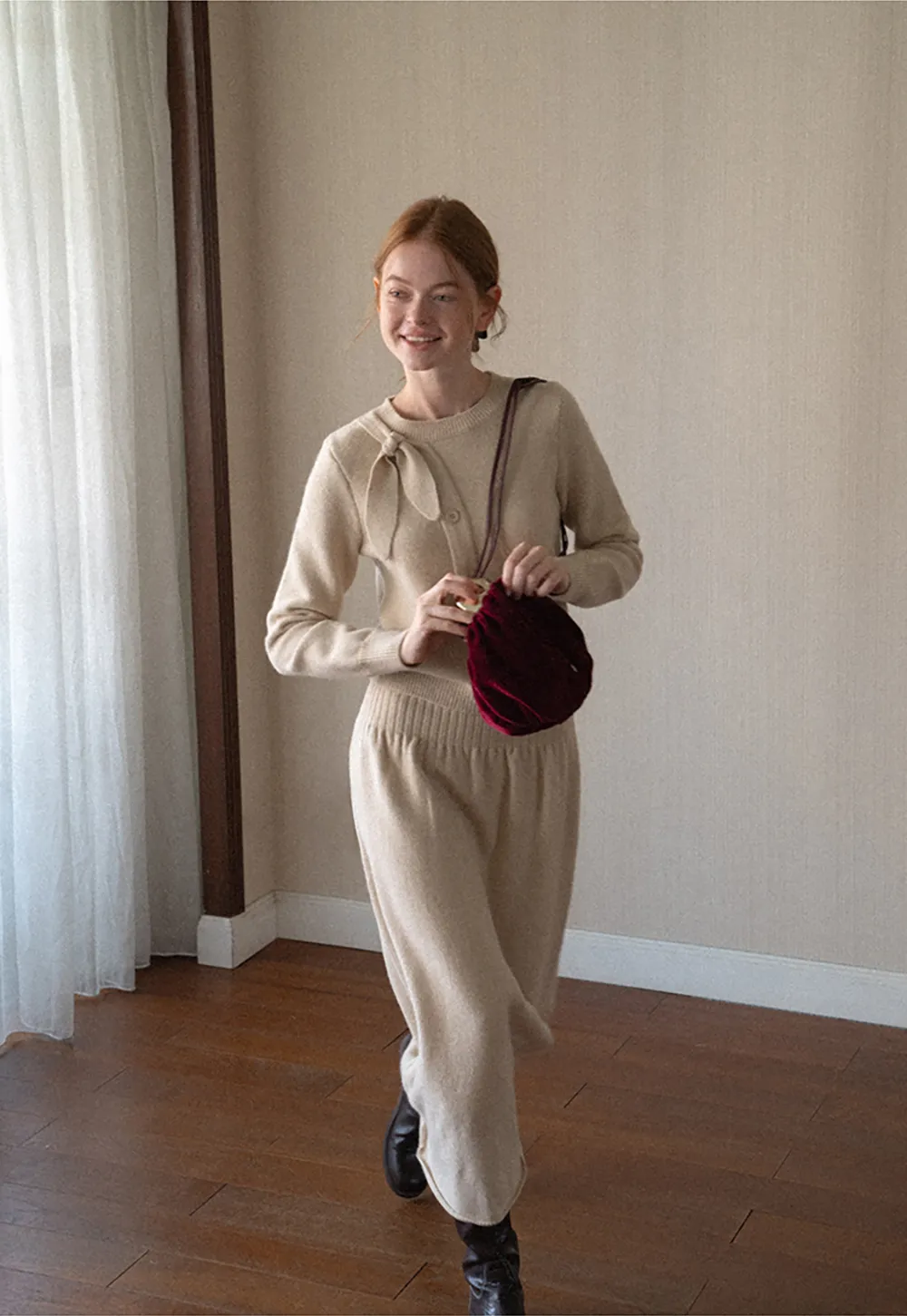 Bow Detail Ribbed Knit Cardigan and Matching Skirt