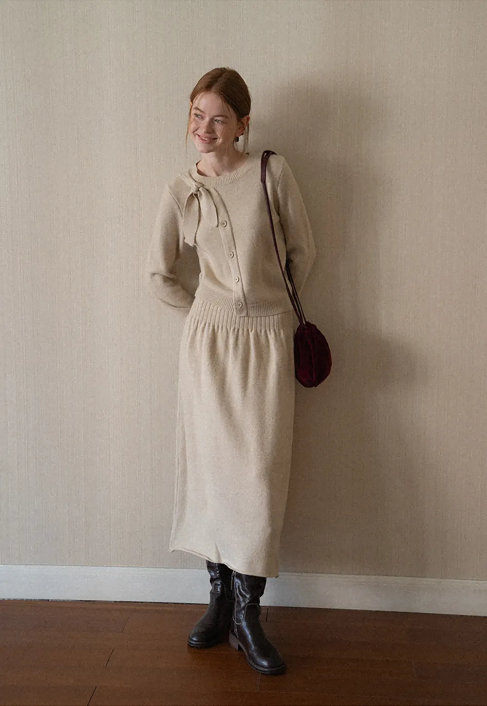 Bow Detail Ribbed Knit Cardigan and Matching Skirt