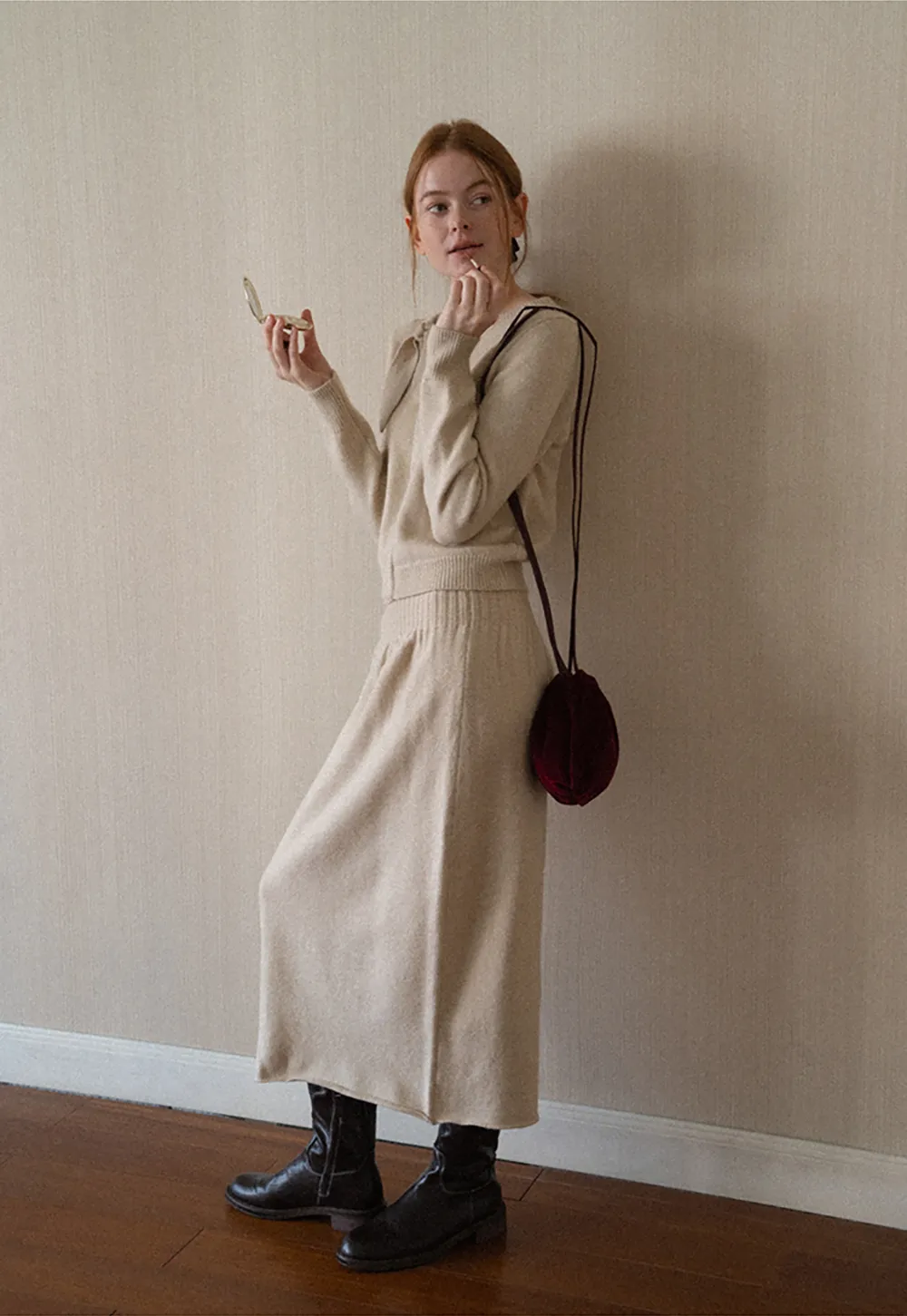 Bow Detail Ribbed Knit Cardigan and Matching Skirt