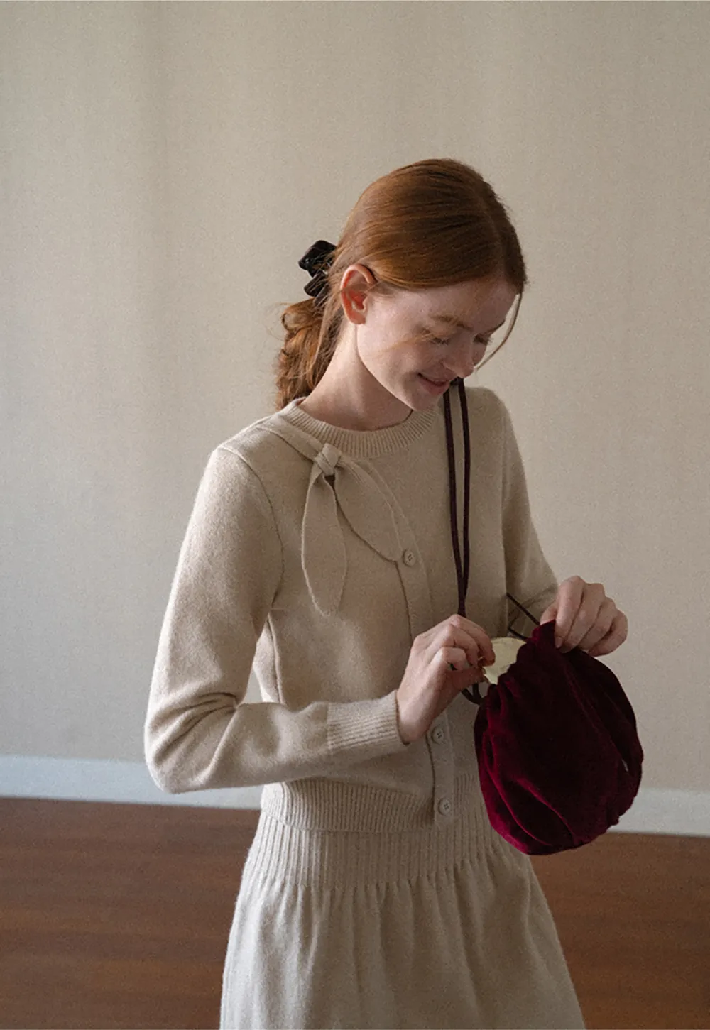 Bow Detail Ribbed Knit Cardigan and Matching Skirt