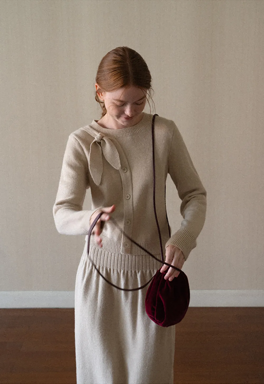Bow Detail Ribbed Knit Cardigan and Matching Skirt