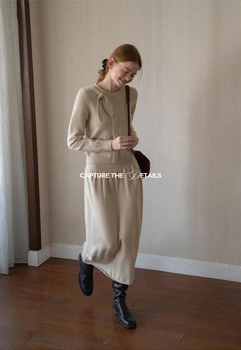 Bow Detail Ribbed Knit Cardigan and Matching Skirt