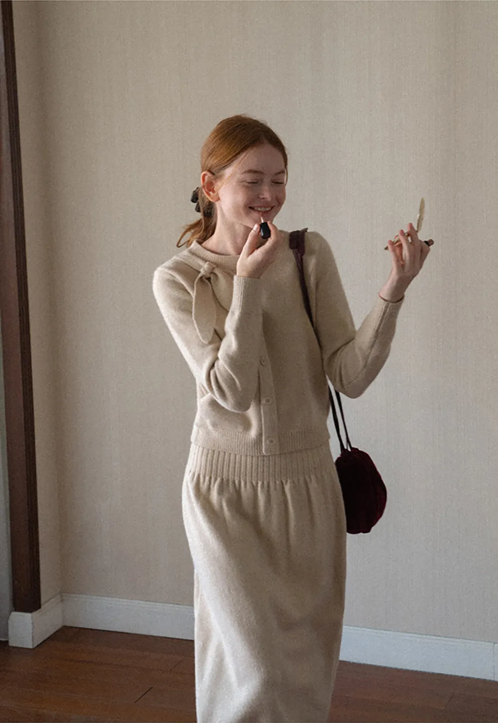 Bow Detail Ribbed Knit Cardigan and Matching Skirt