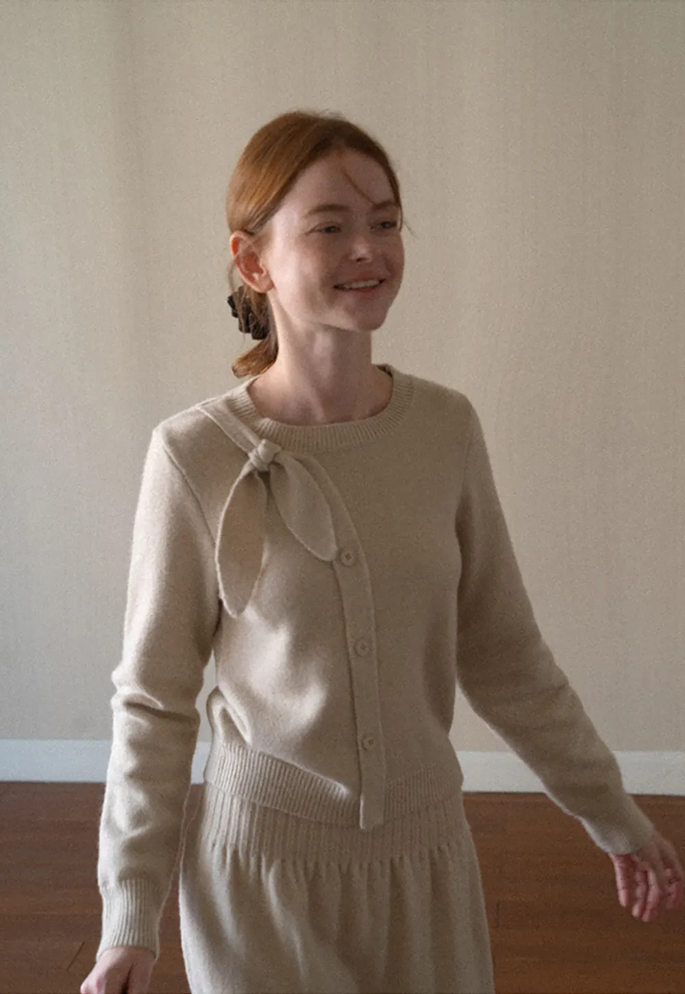 Bow Detail Ribbed Knit Cardigan and Matching Skirt