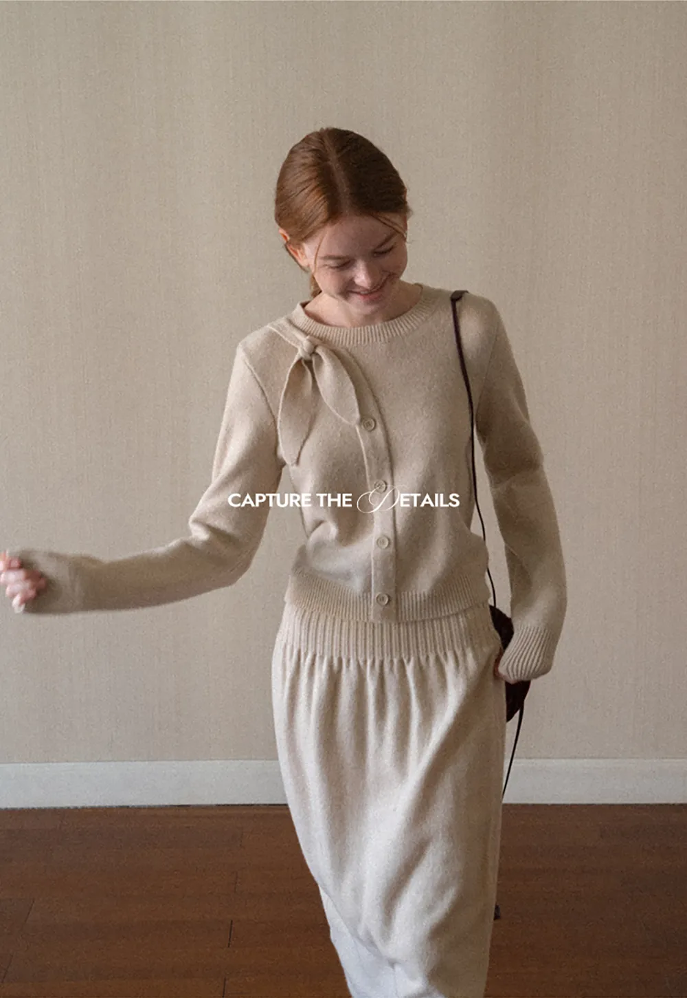 Bow Detail Ribbed Knit Cardigan and Matching Skirt