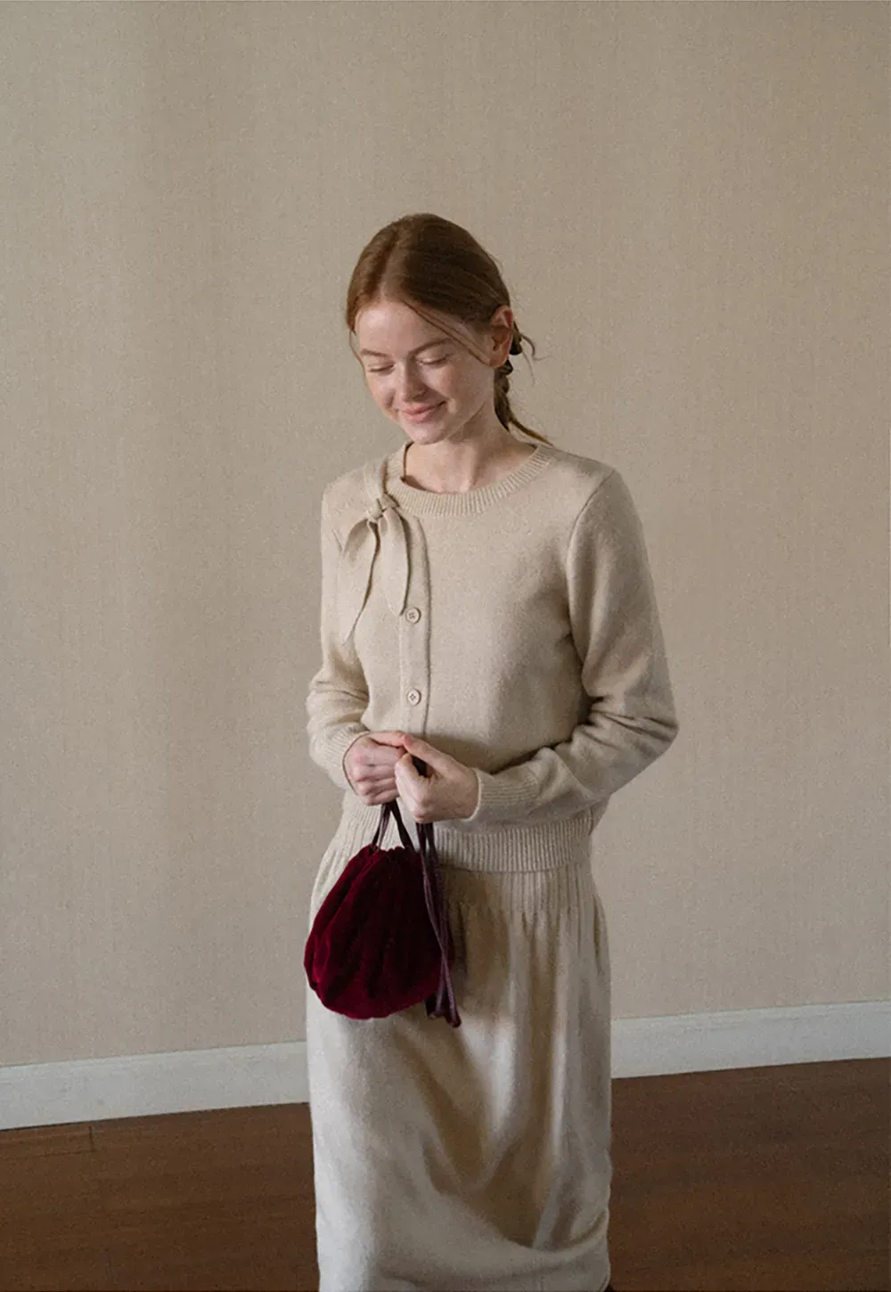 Bow Detail Ribbed Knit Cardigan and Matching Skirt