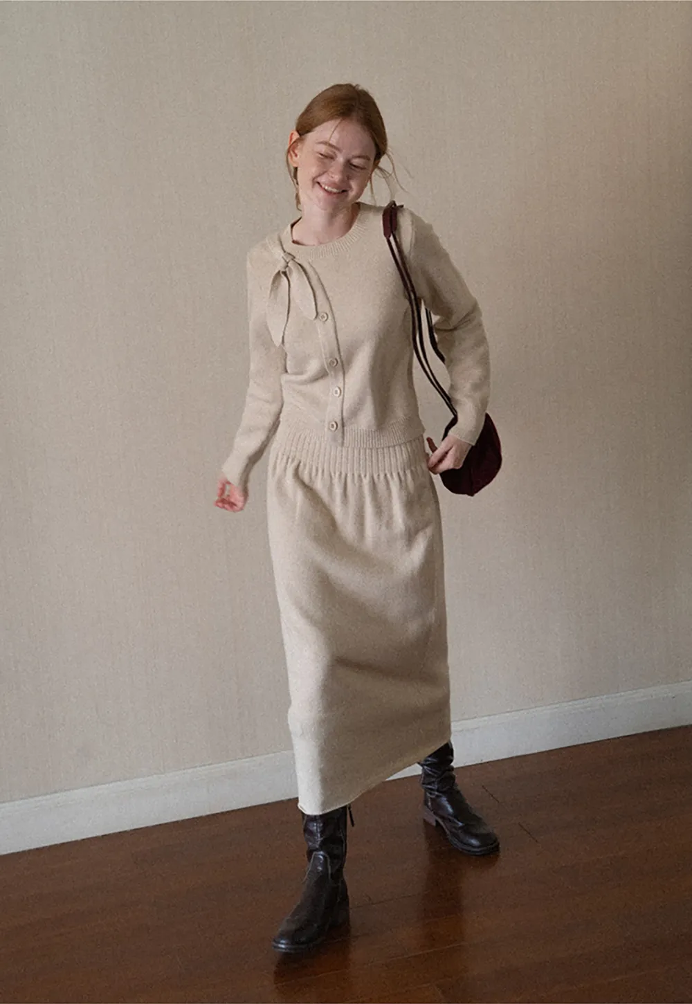Bow Detail Ribbed Knit Cardigan and Matching Skirt