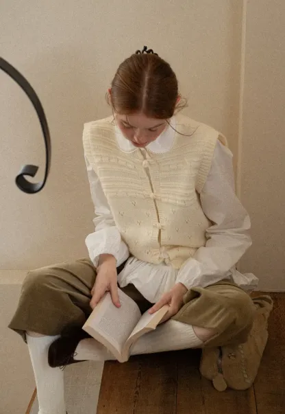 Textured Knit Vest with Peter Pan Collar and Button Closure