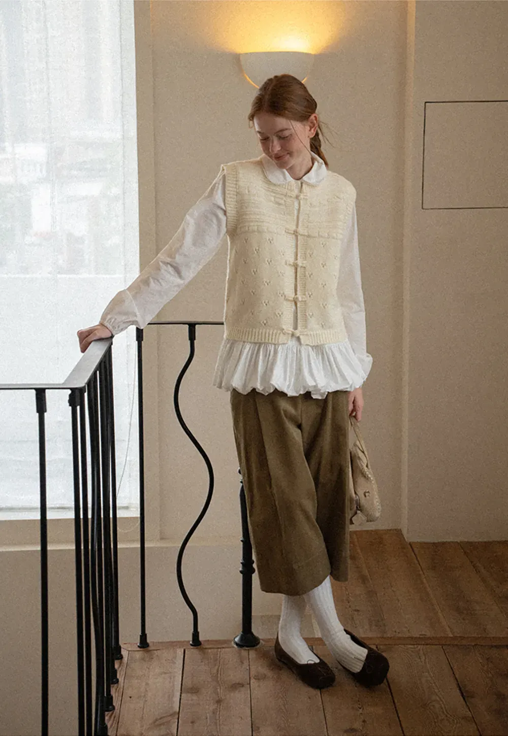 Textured Knit Vest with Peter Pan Collar and Button Closure