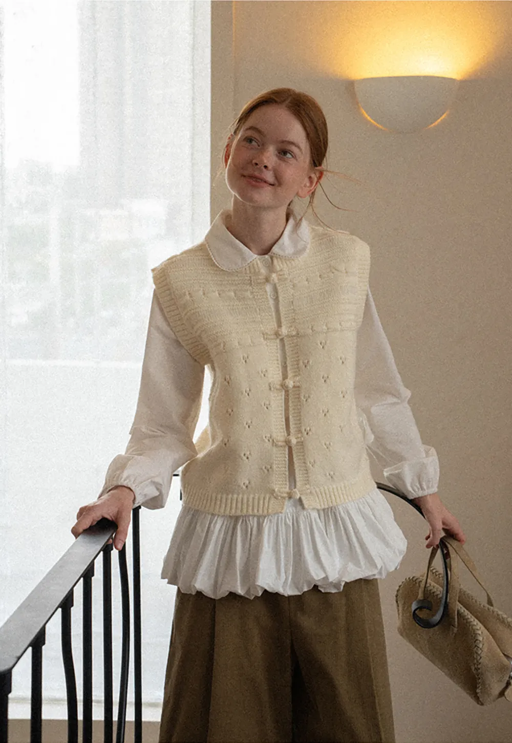 Textured Knit Vest with Peter Pan Collar and Button Closure
