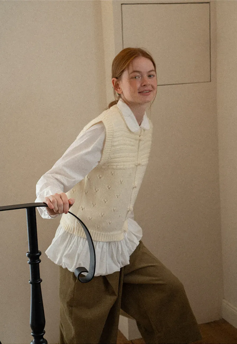 Textured Knit Vest with Peter Pan Collar and Button Closure