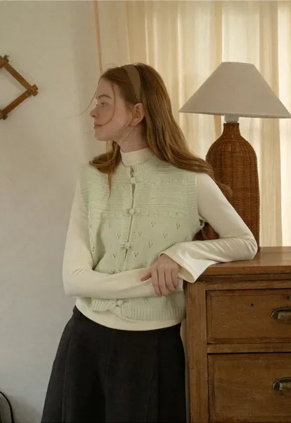 Textured Knit Vest with Peter Pan Collar and Button Closure
