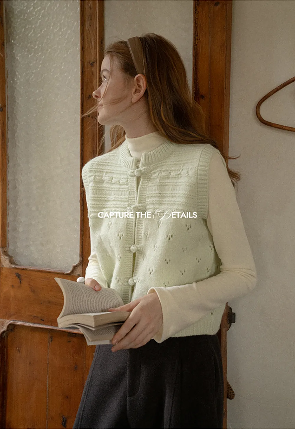 Textured Knit Vest with Peter Pan Collar and Button Closure