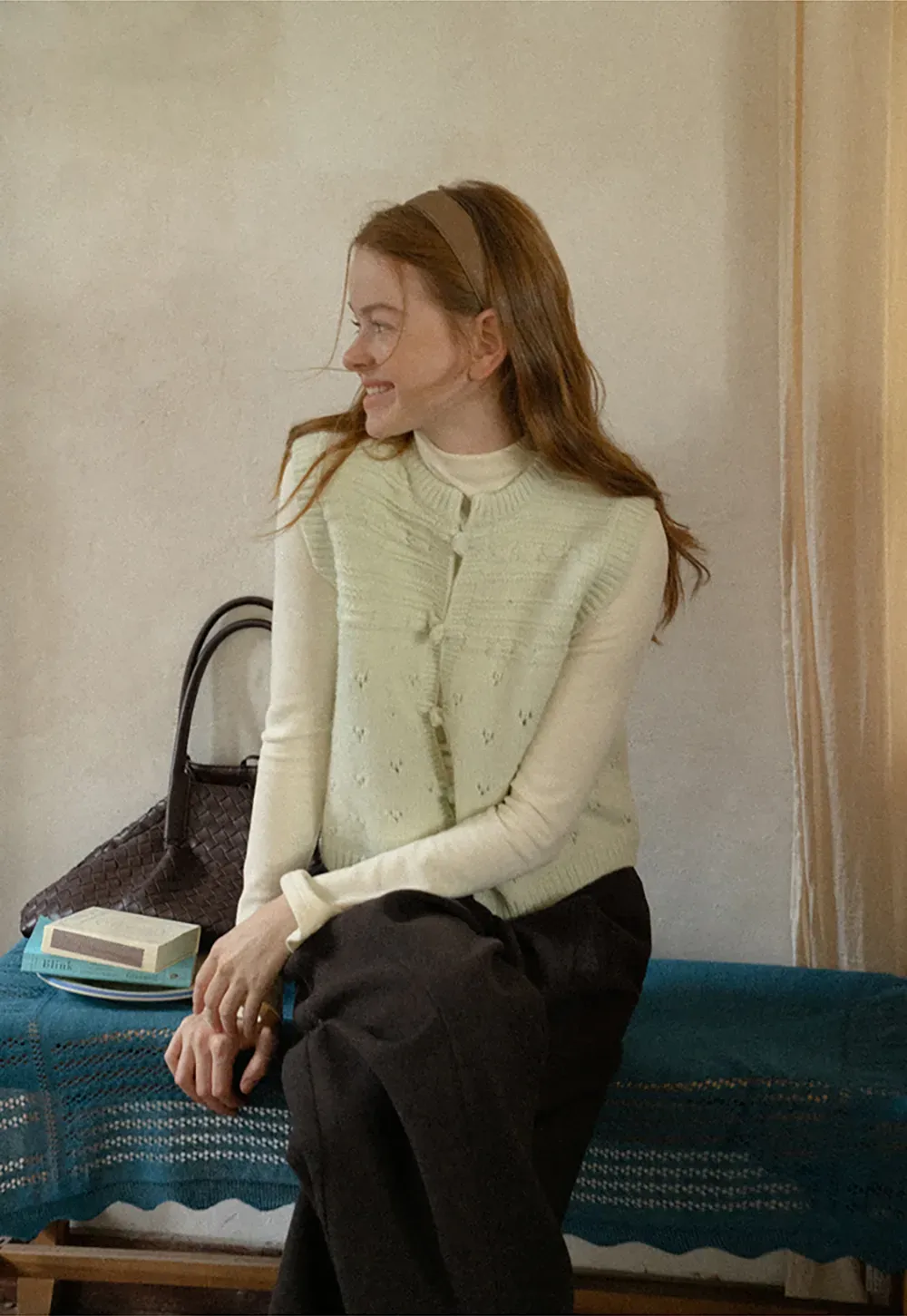 Textured Knit Vest with Peter Pan Collar and Button Closure