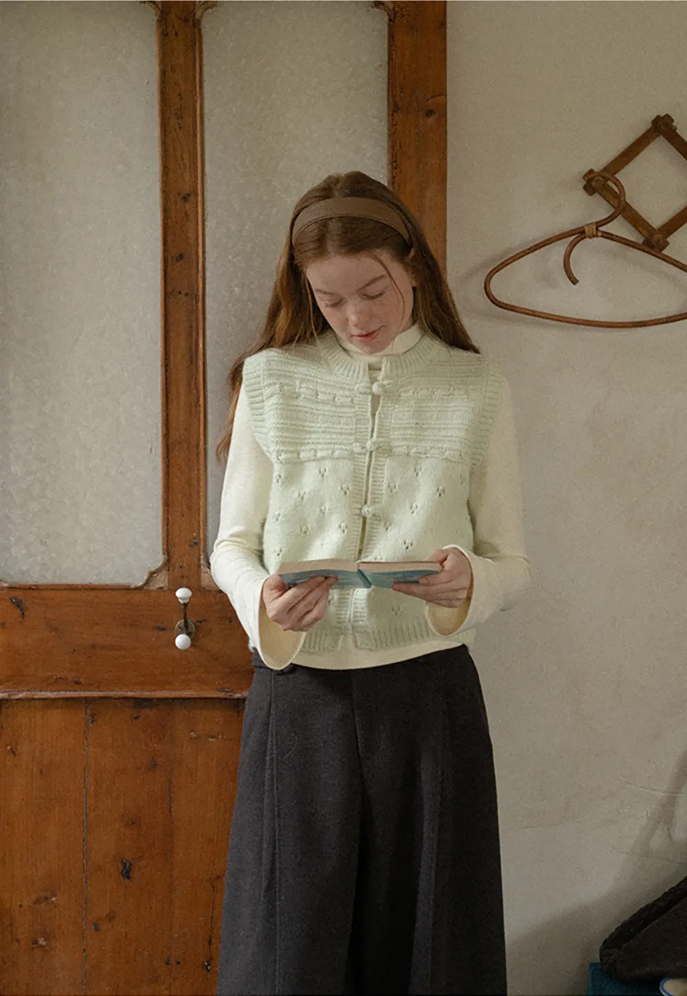 Textured Knit Vest with Peter Pan Collar and Button Closure