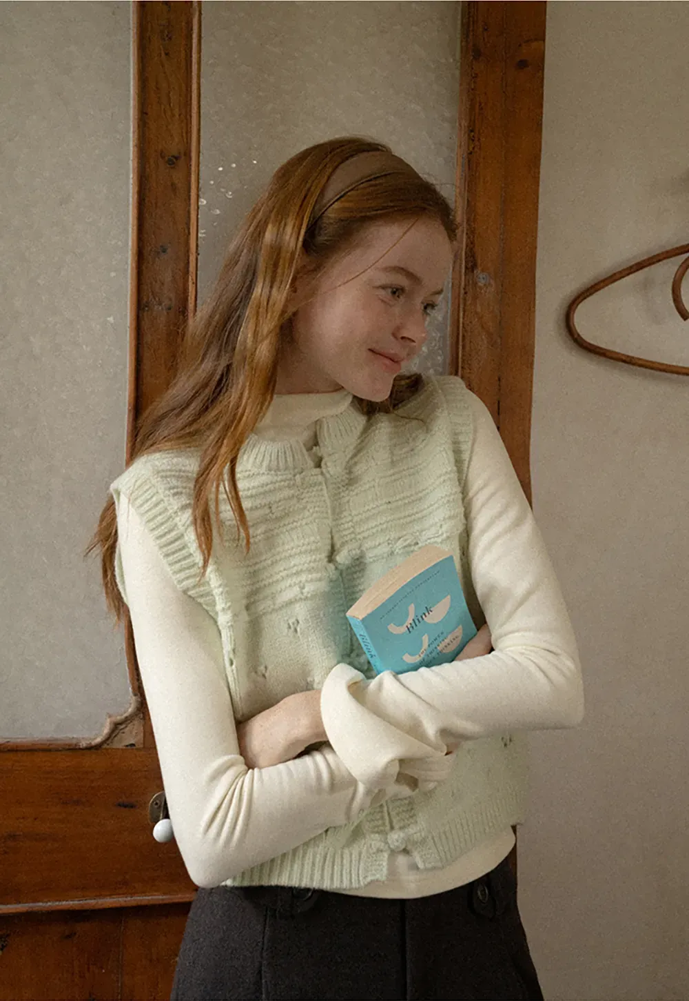 Textured Knit Vest with Peter Pan Collar and Button Closure