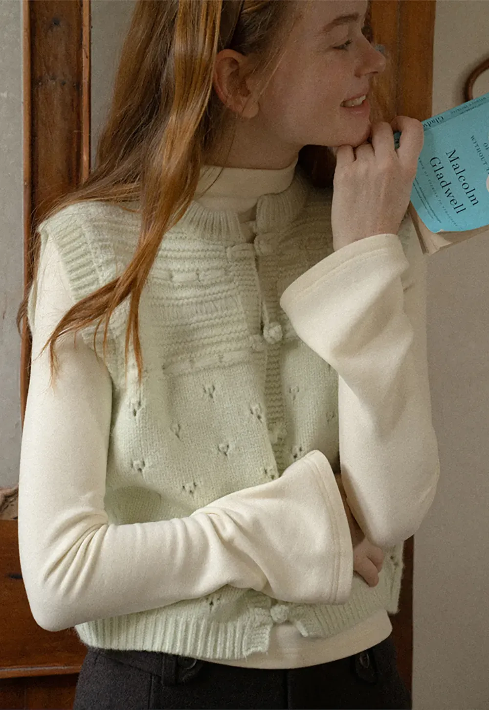 Textured Knit Vest with Peter Pan Collar and Button Closure