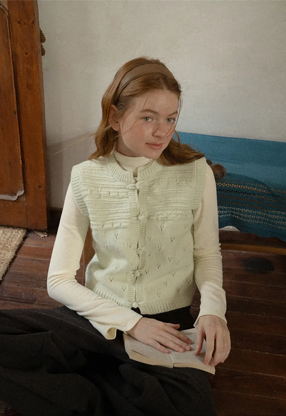 Textured Knit Vest with Peter Pan Collar and Button Closure