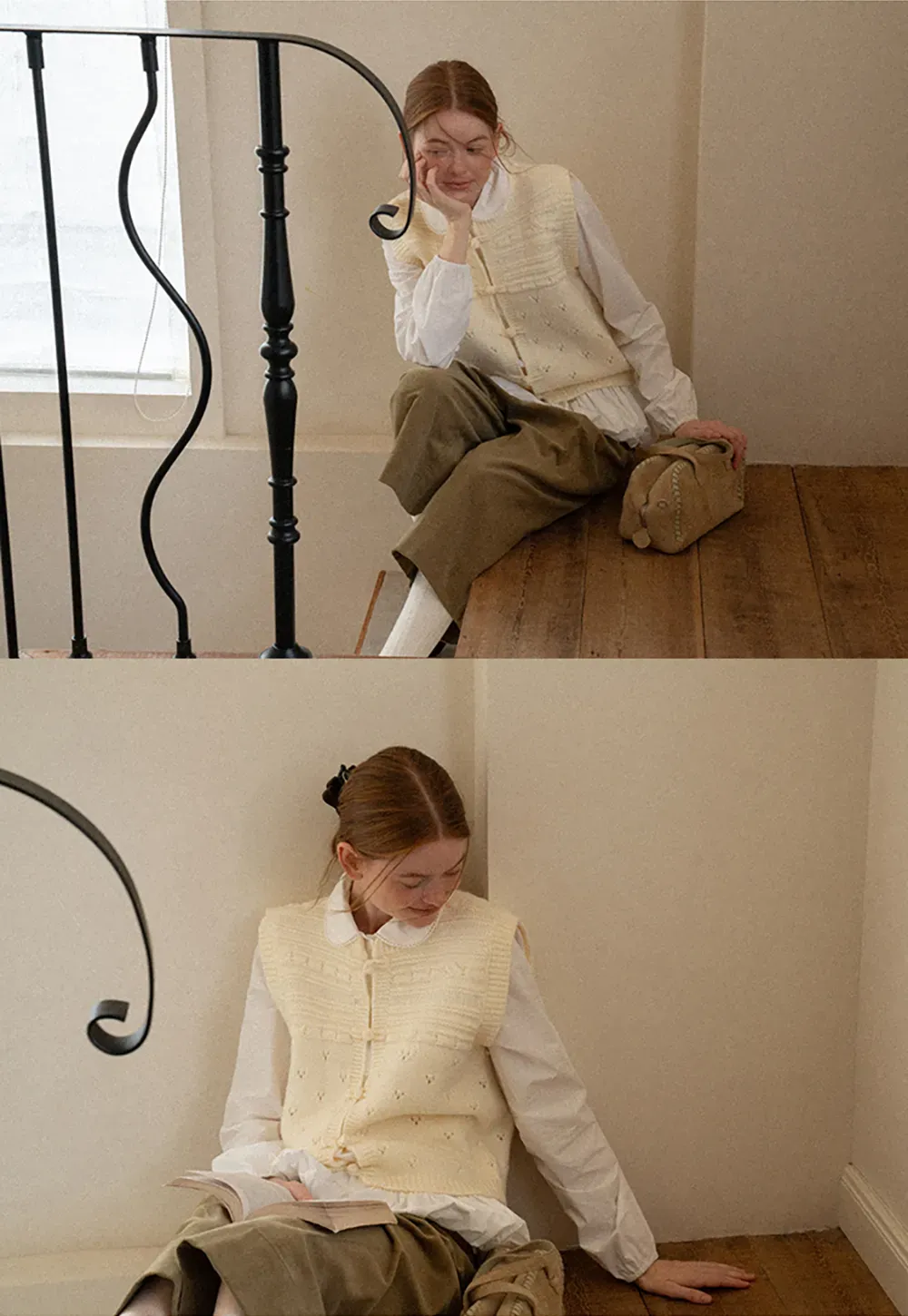 Textured Knit Vest with Peter Pan Collar and Button Closure