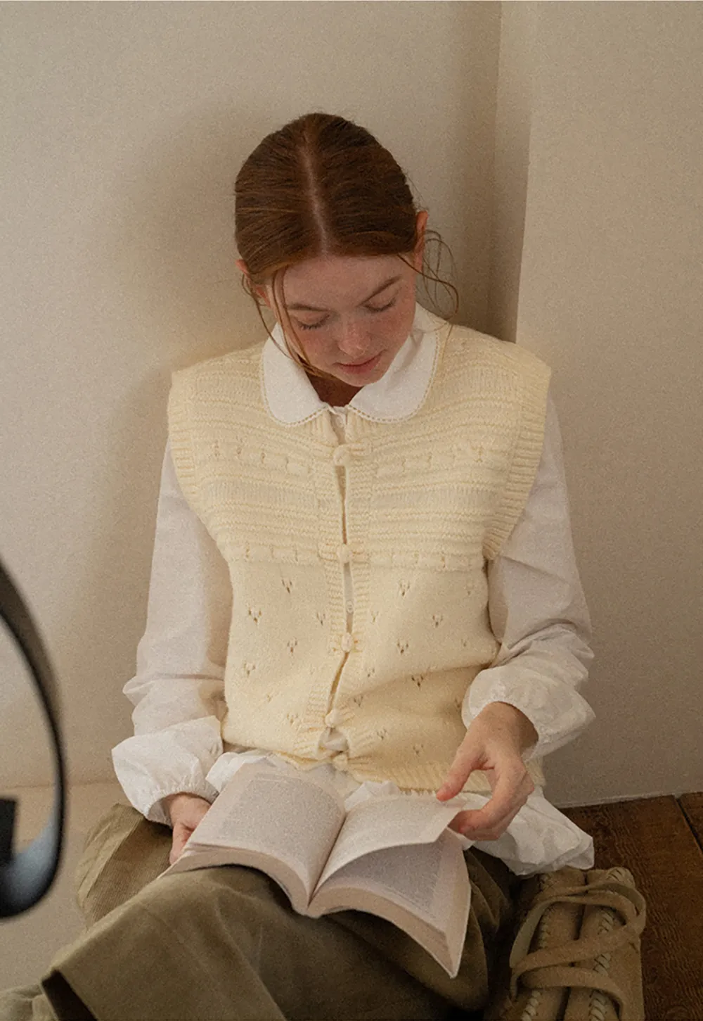 Textured Knit Vest with Peter Pan Collar and Button Closure