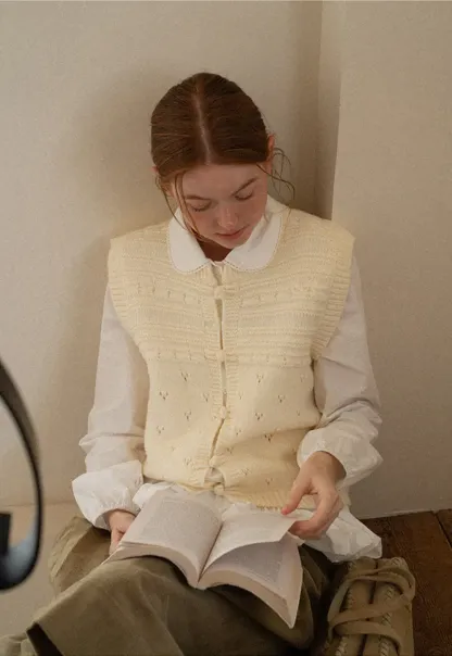 Textured Knit Vest with Peter Pan Collar and Button Closure