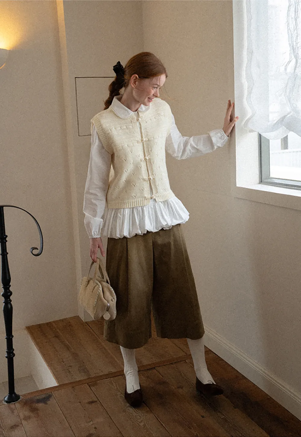 Textured Knit Vest with Peter Pan Collar and Button Closure