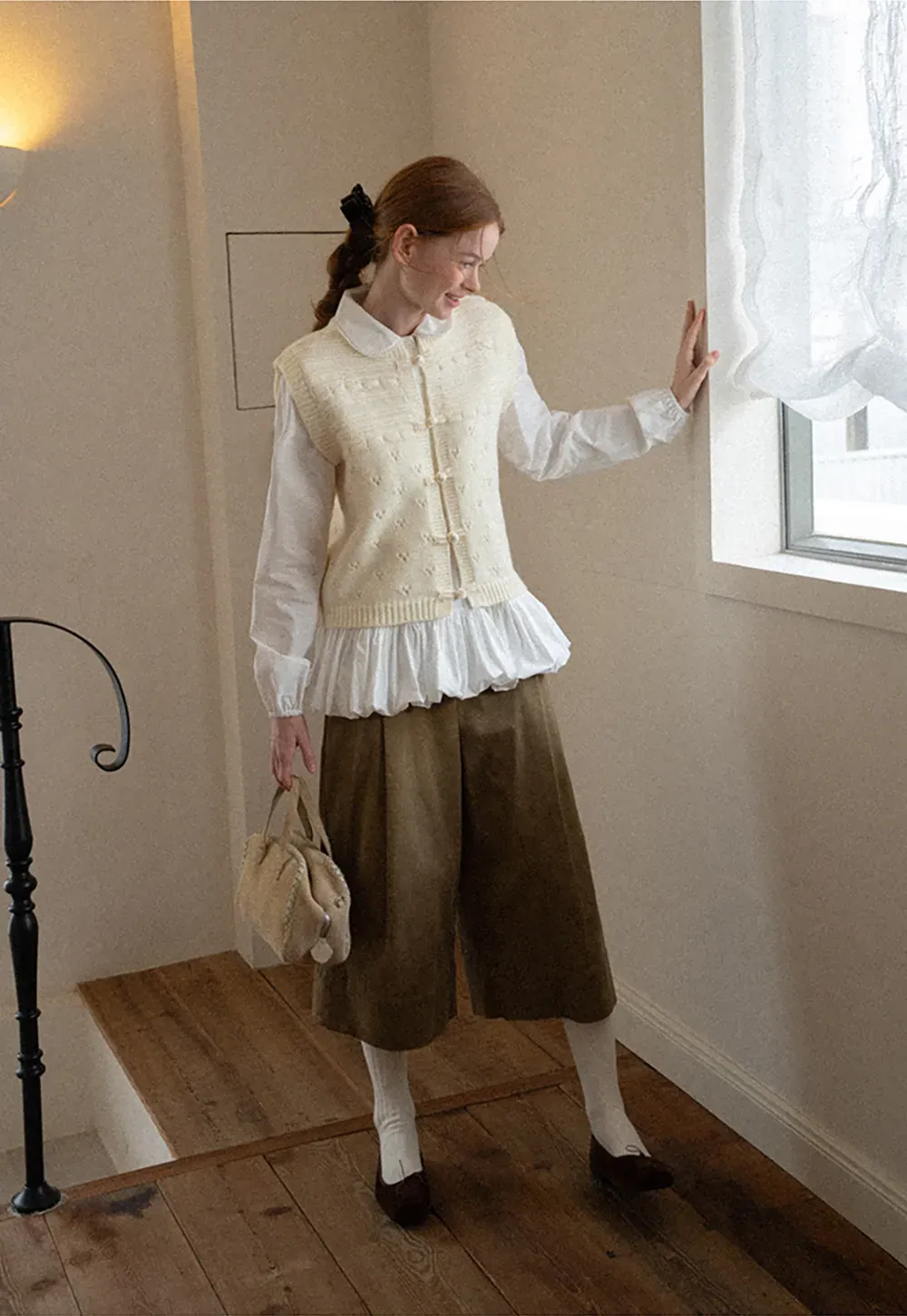 Textured Knit Vest with Peter Pan Collar and Button Closure