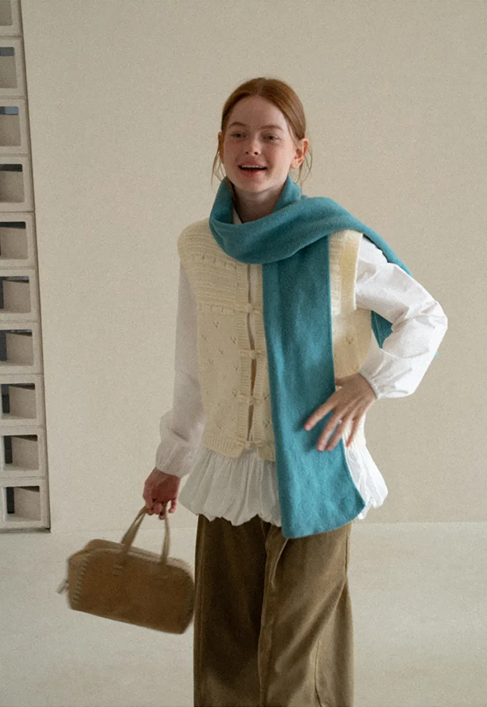 Textured Knit Vest with Peter Pan Collar and Button Closure
