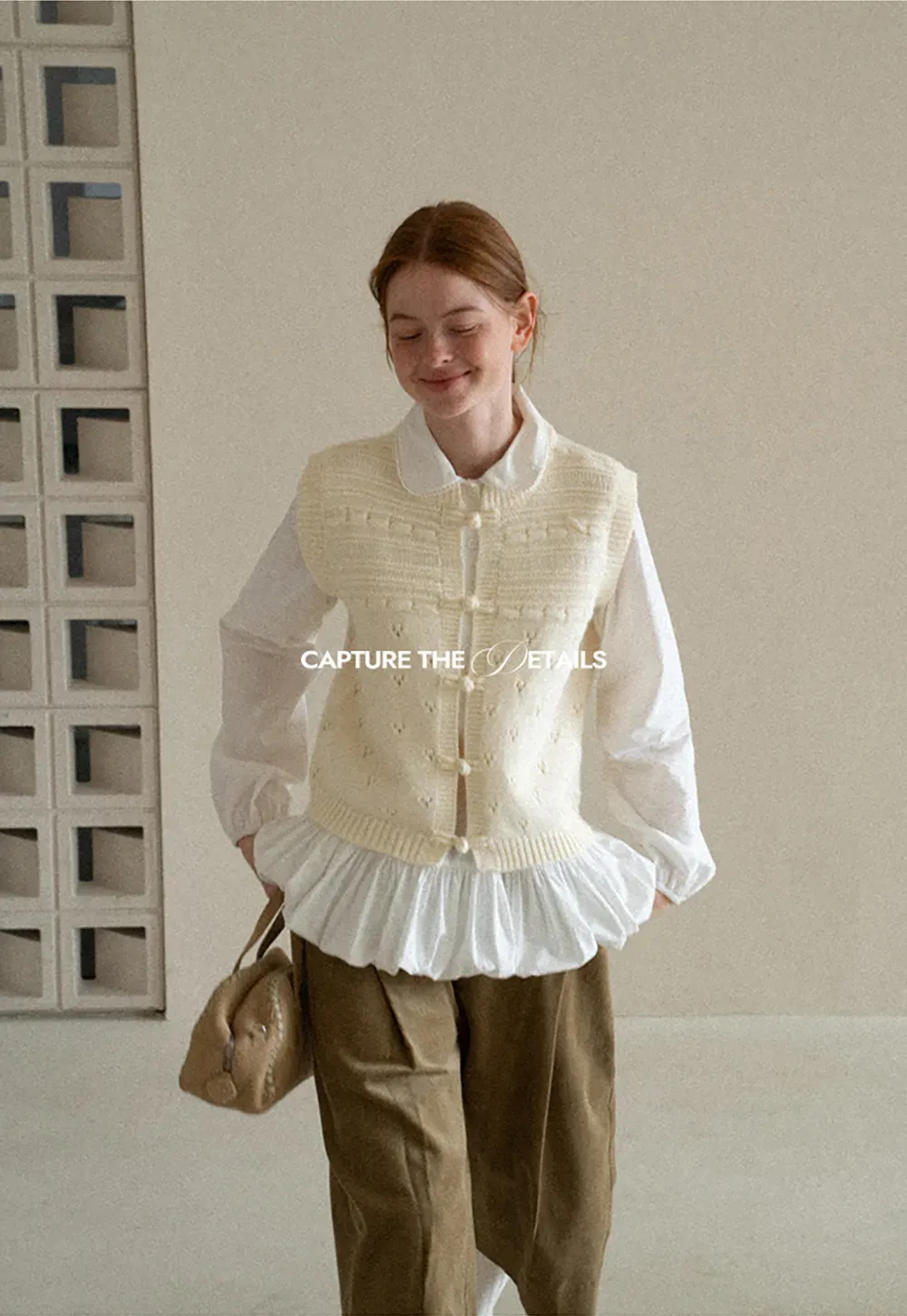Textured Knit Vest with Peter Pan Collar and Button Closure