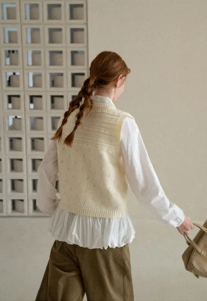 Textured Knit Vest with Peter Pan Collar and Button Closure