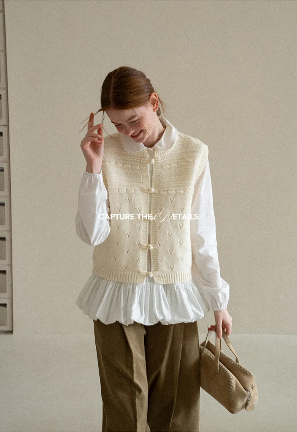 Textured Knit Vest with Peter Pan Collar and Button Closure