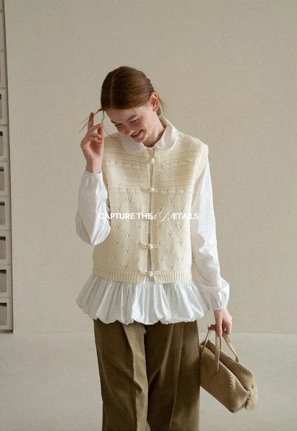 Textured Knit Vest with Peter Pan Collar and Button Closure