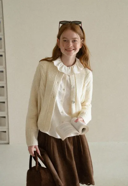 Ruffled Collar Cable Knit Cardigan Sweater