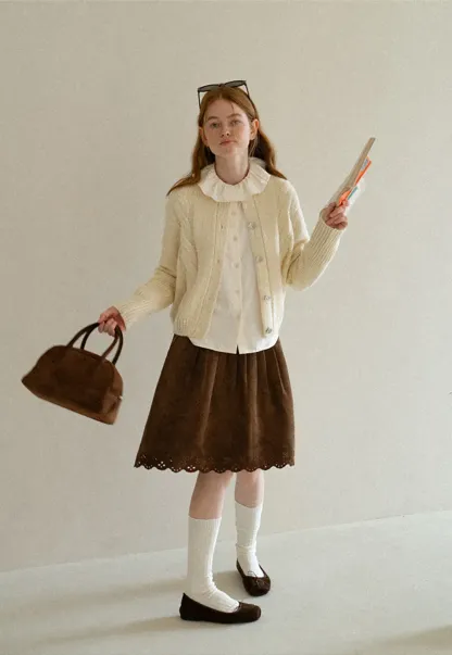 Ruffled Collar Cable Knit Cardigan Sweater