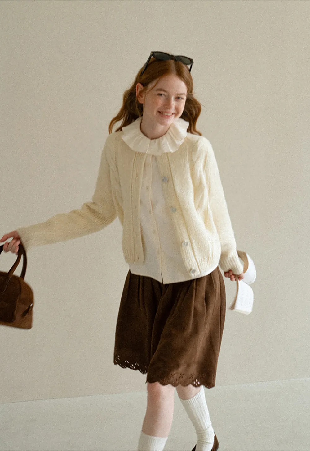 Ruffled Collar Cable Knit Cardigan Sweater