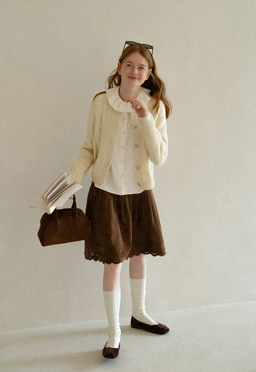 Ruffled Collar Cable Knit Cardigan Sweater
