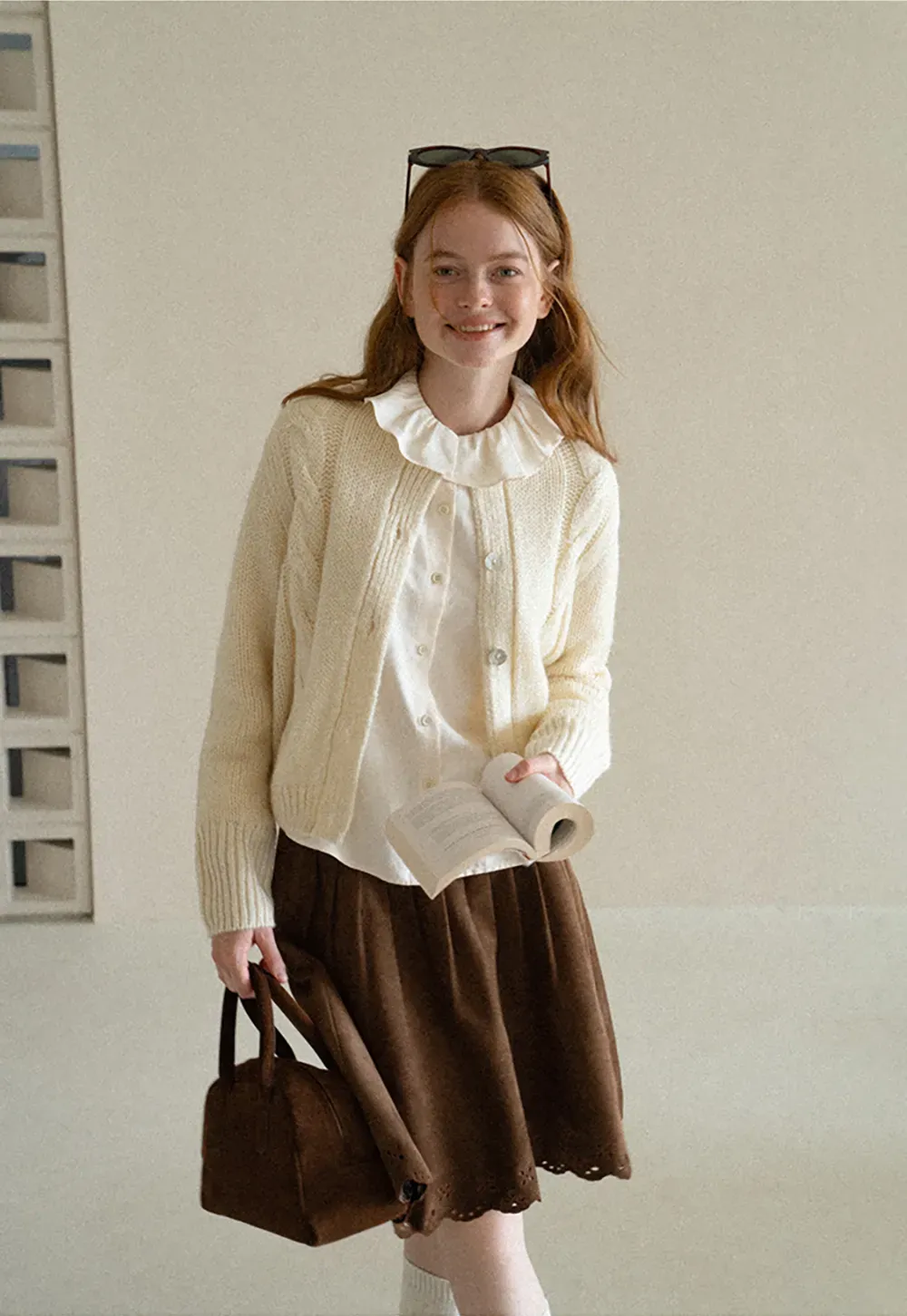 Ruffled Collar Cable Knit Cardigan Sweater