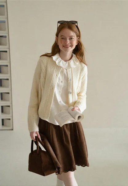 Ruffled Collar Cable Knit Cardigan Sweater